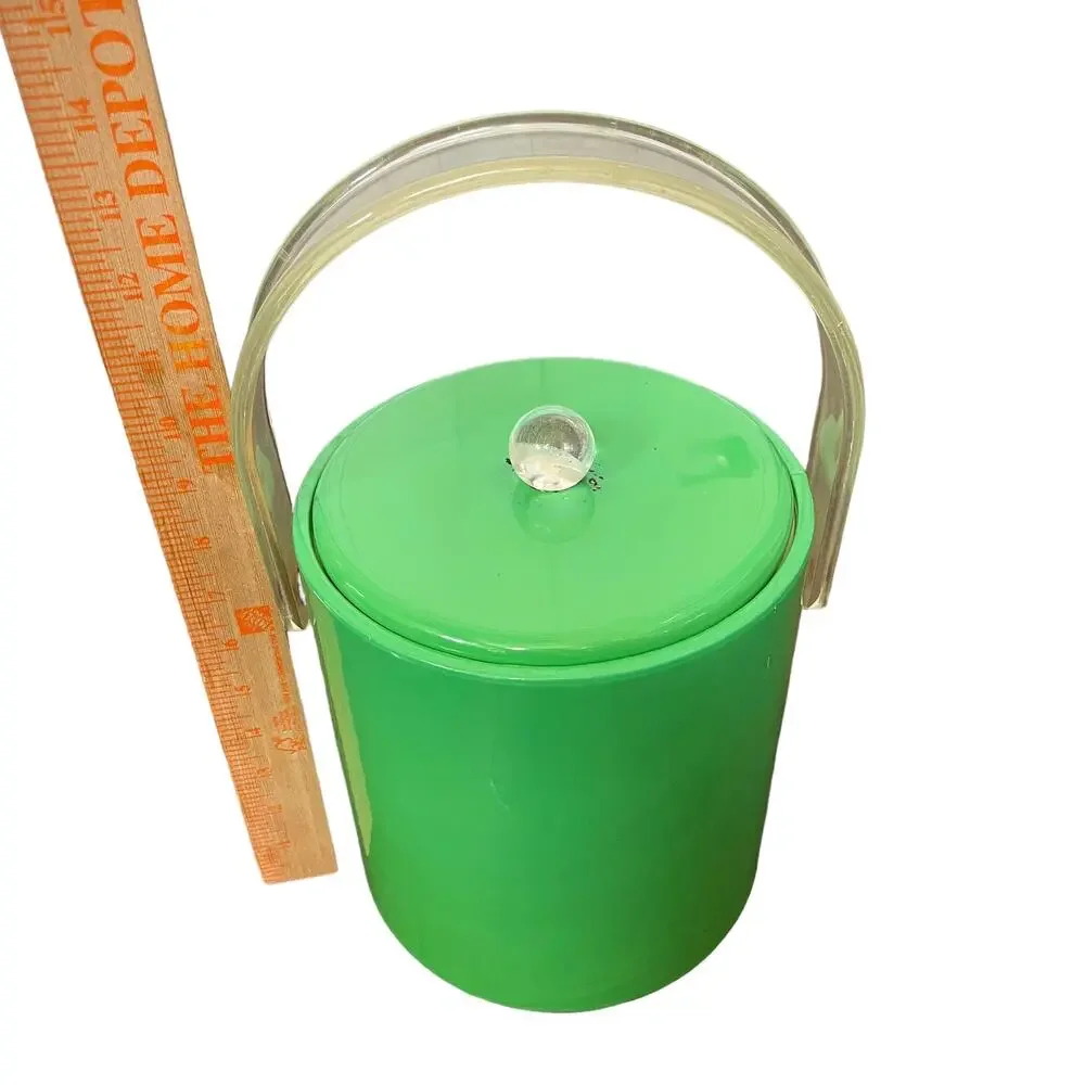 Mid Century Ice Bucket Lucite Handle & Knob Green Padded Vinyl Vintage FLAW